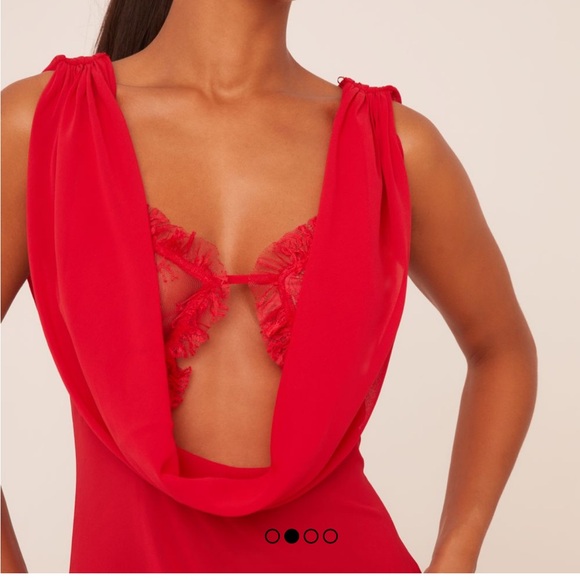 COWL NECK LACE BUST DETAIL SPLIT MAXI DRESS IN RED SOFT WOVEN- Size 2-Brand New - Picture 2 of 5
